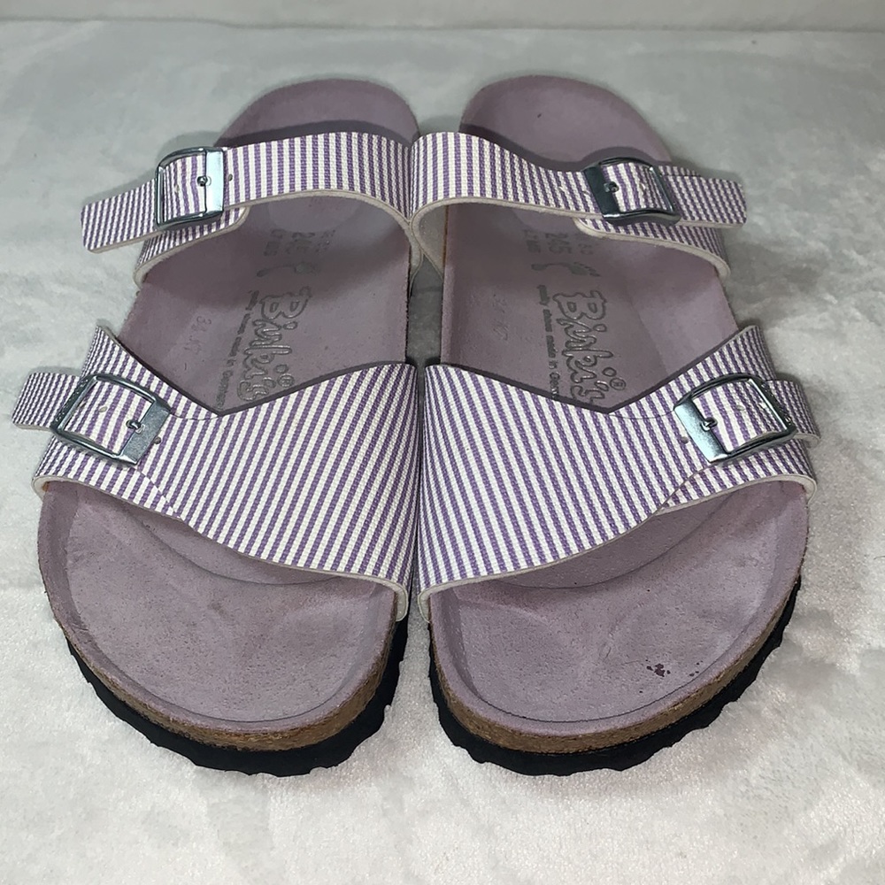 Birkenstock Birki's Aziza Two Strap Purple/White Women’s size 7B/euro 38 NEW!!!